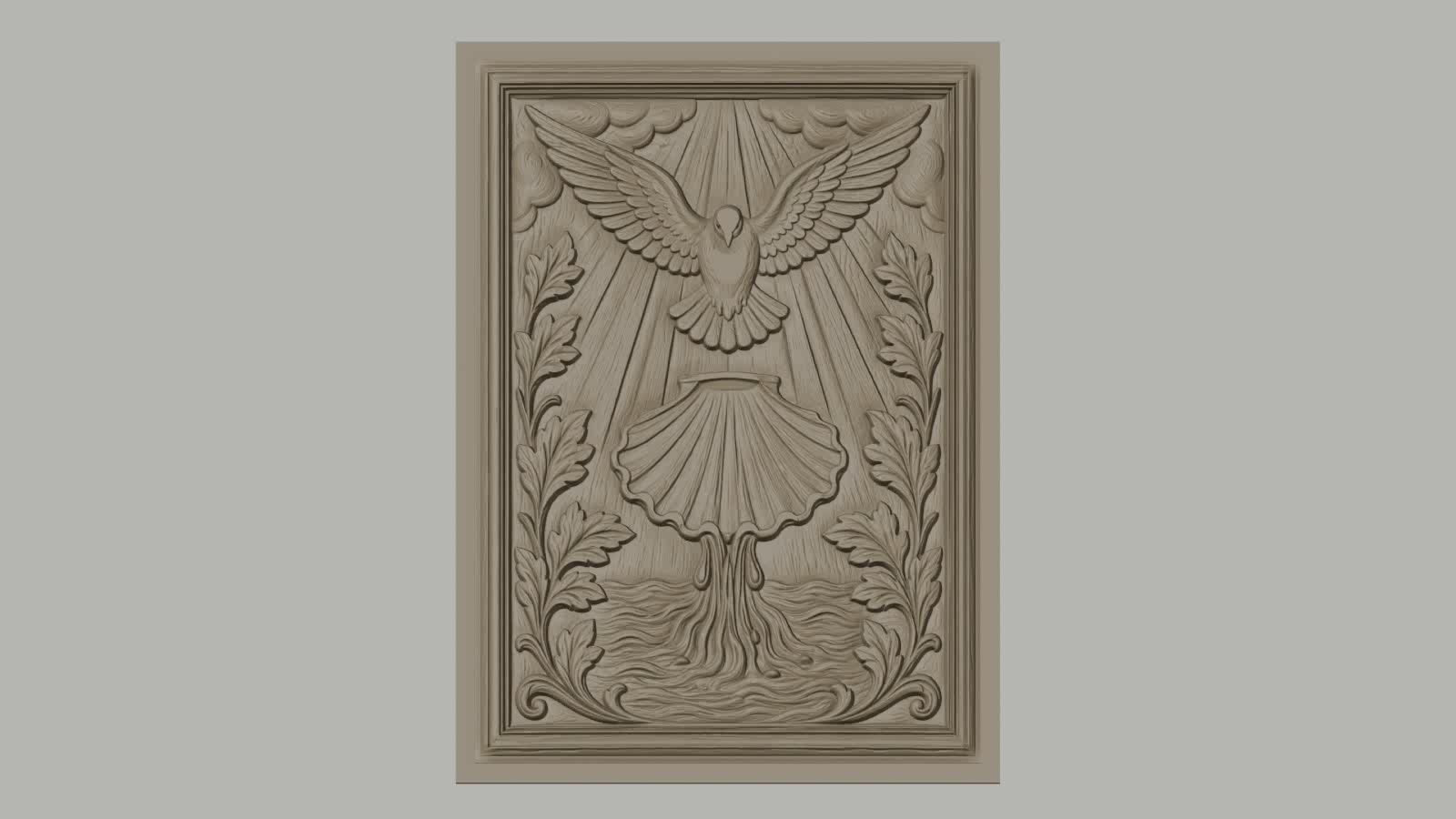 Fichier CNC & impression 3D colombe sacrée, baptême coquille et feuilles, haute qualité relief STL