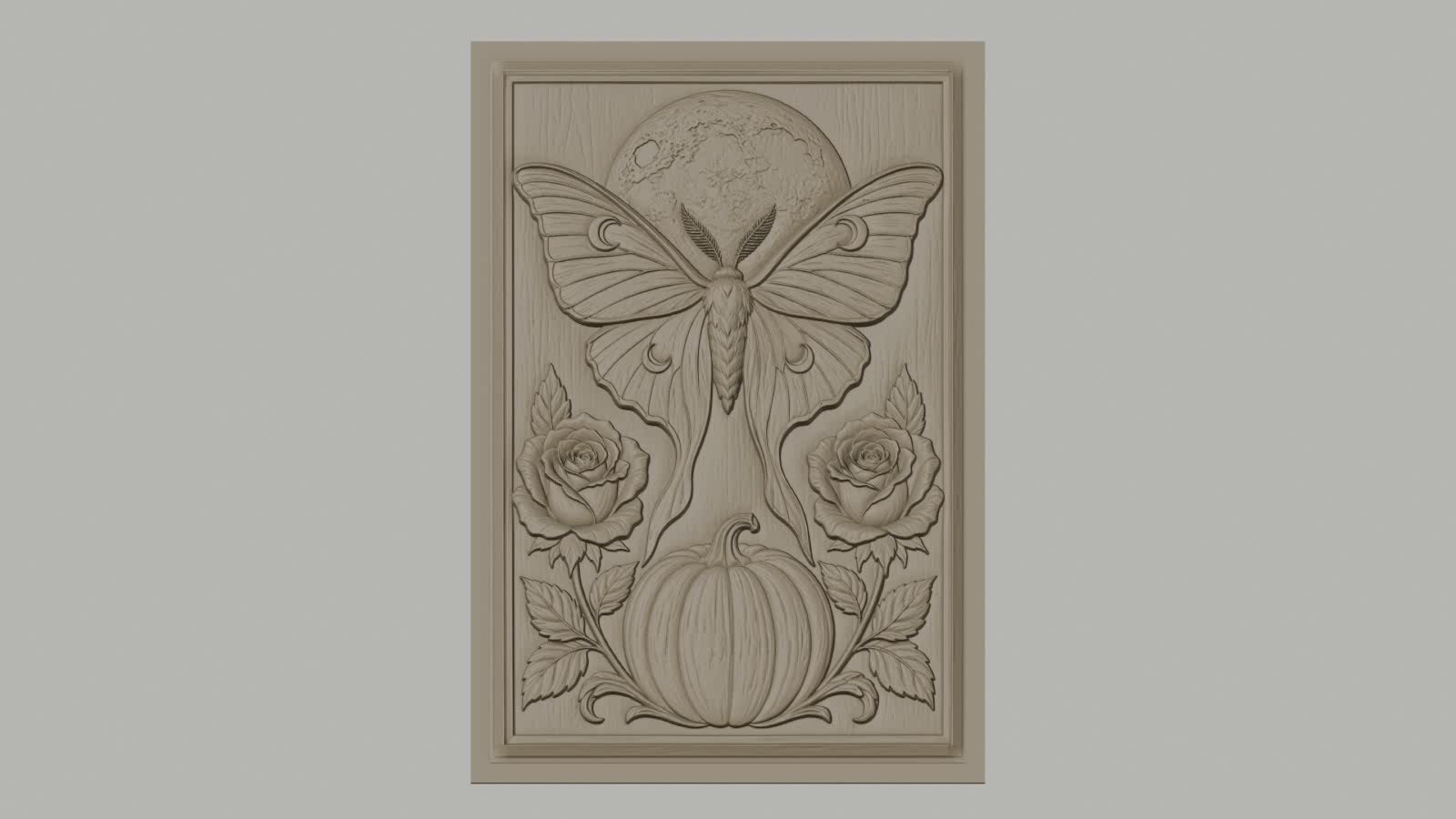 Fichier CNC & impression 3D papillon de nuit, lune, citrouille et roses, haute qualité relief STL
