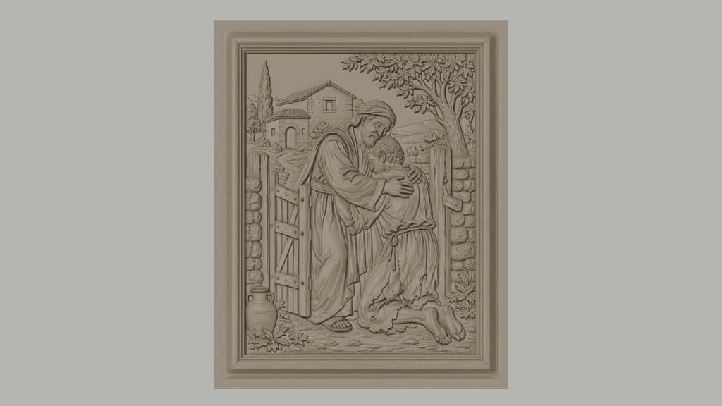 Fichier CNC & impression 3D scène biblique le fils prodigue embrassé, maison et arbre arrière-plan, haute qualité relief STL