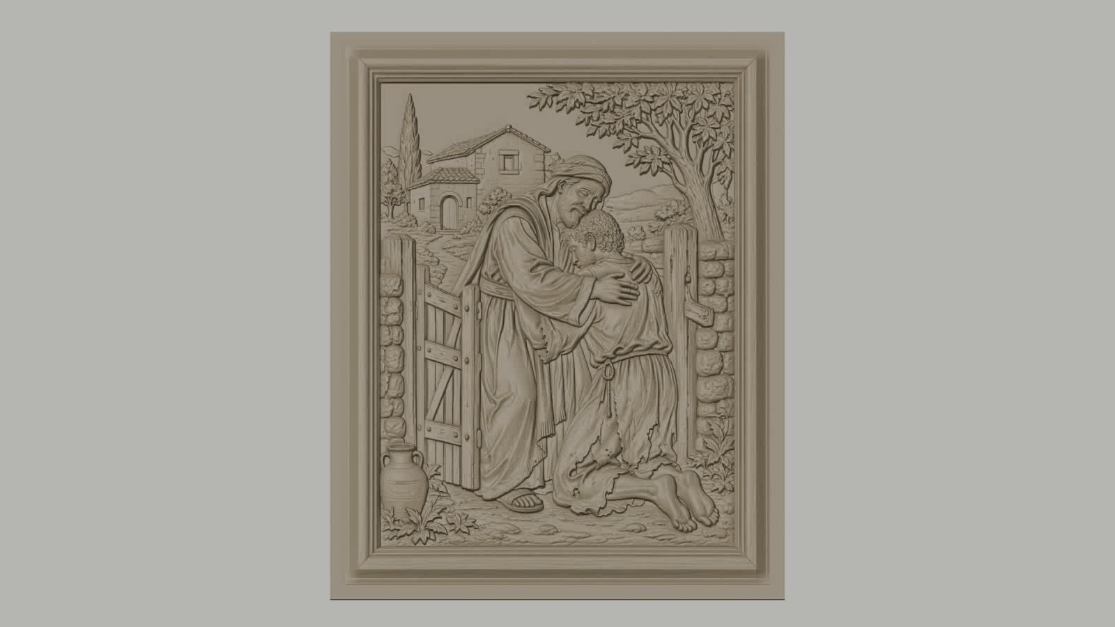 Fichier CNC & impression 3D scène biblique le fils prodigue embrassé, maison et arbre arrière-plan, haute qualité relief STL