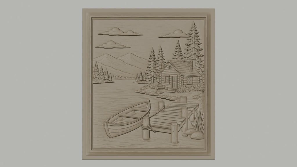 Fichier CNC & impression 3D paysage nature, cabane en bois, lac, barque, ponton, haute qualité relief STL