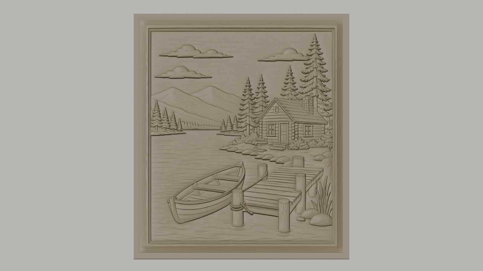 Fichier CNC & impression 3D paysage nature, cabane en bois, lac, barque, ponton, haute qualité relief STL