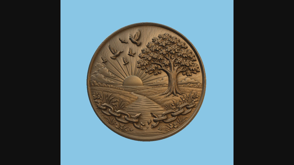 CNC & impression 3D relief liberté arbre et soleil, décor mural bois paysage oiseaux chaîne brisée, fichier STL