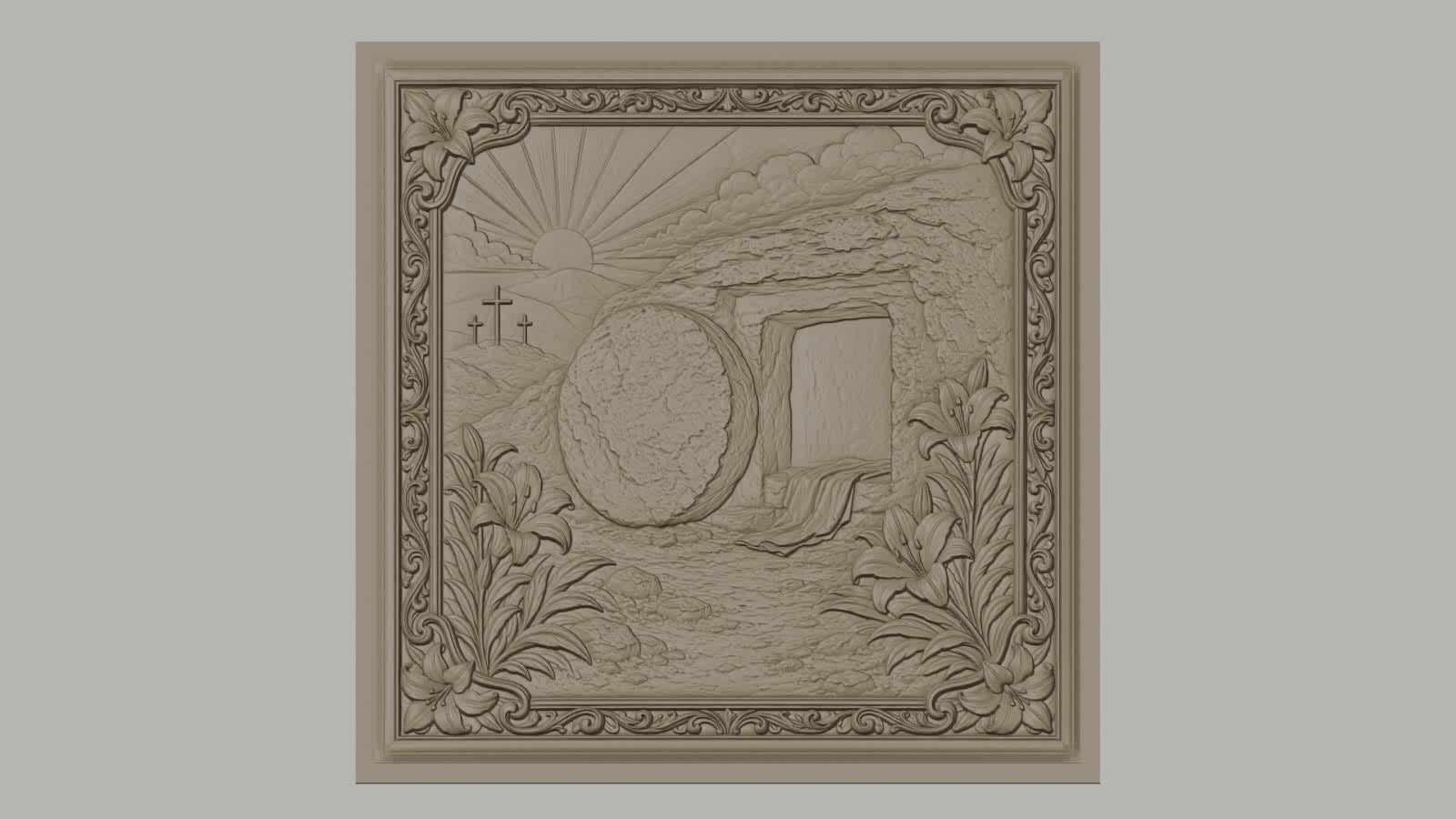 Fichier CNC & impression 3D tombeau vide de Jésus, croix et lys, haute qualité relief STL