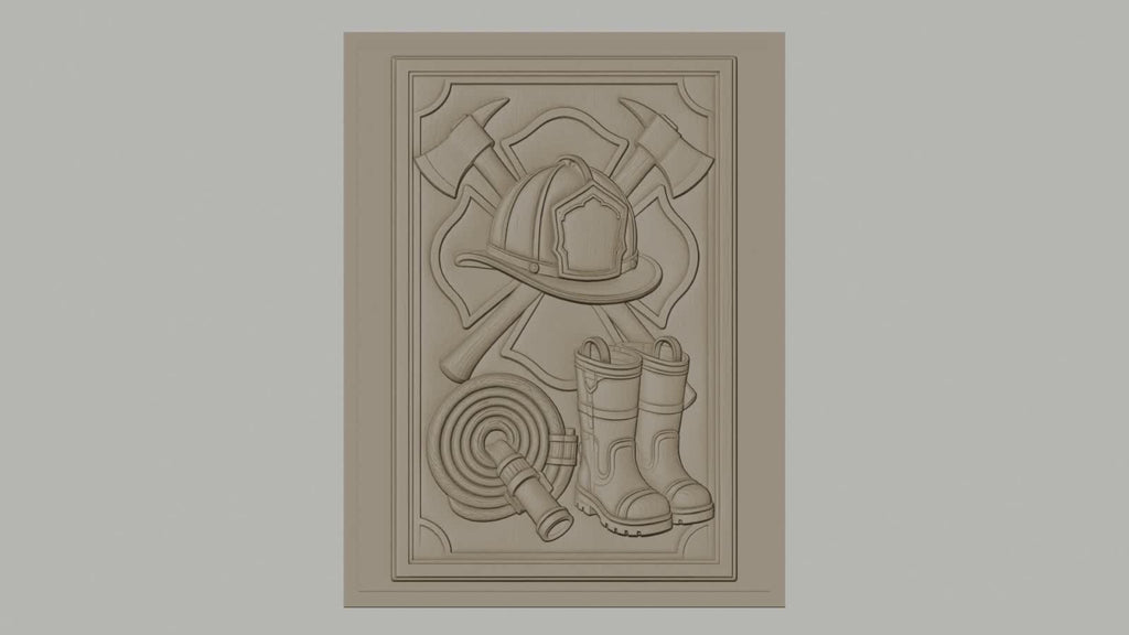 Fichier CNC & impression 3D thème pompier, casque, bottes, hache, tuyau d'incendie, haute qualité relief STL