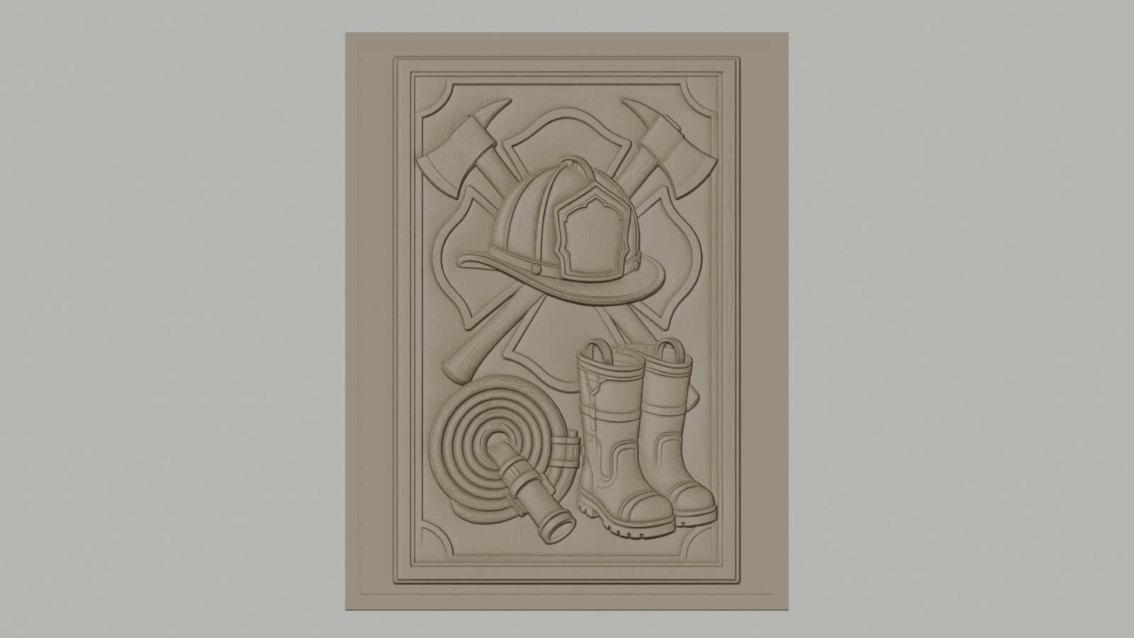 Fichier CNC & impression 3D thème pompier, casque, bottes, hache, tuyau d'incendie, haute qualité relief STL