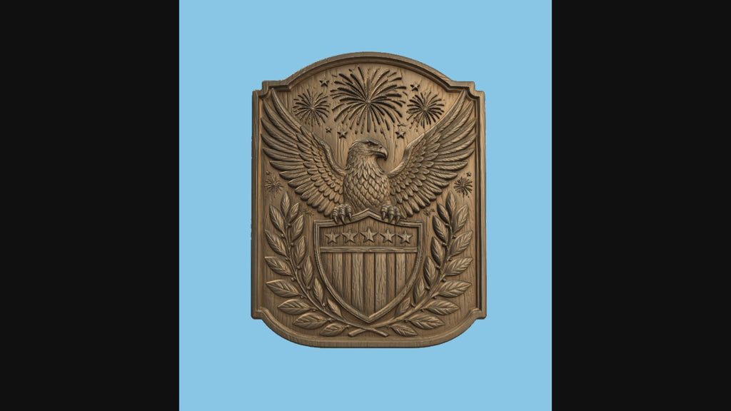 CNC & impression 3D relief aigle américain, blason USA, étoiles et feux d’artifice, sculpture bois fichier STL haute qualité