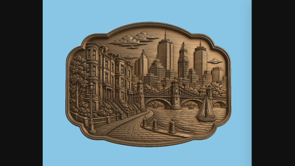CNC & impression 3D relief Boston waterfront, skyline, pont, voilier et maisons historiques, fichier STL haute qualité
